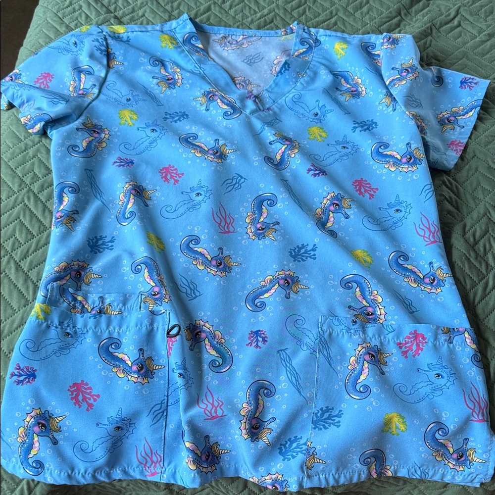 Blue Sea Creature Print Scrub Top